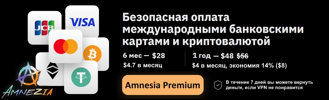 Варианты оплаты VPN Amnesia банковскими картами и криптовалютой